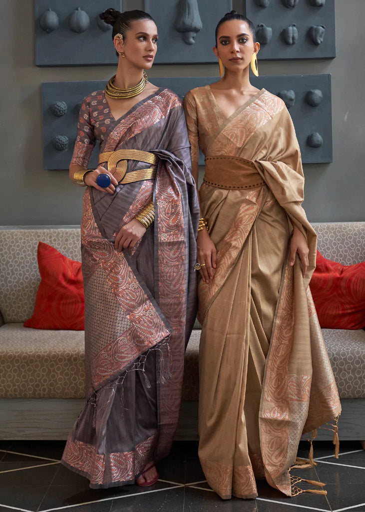 Stormy Grey Copper Zari Handloom Weaving Tussar Silk Saree Clothsvilla