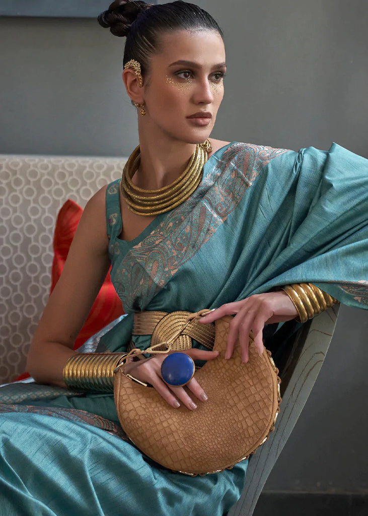 Munsell Blue Copper Zari Handloom Weaving Tussar Silk Saree Clothsvilla