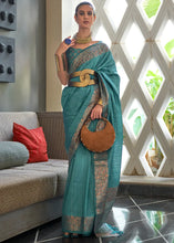 Load image into Gallery viewer, Munsell Blue Copper Zari Handloom Weaving Tussar Silk Saree Clothsvilla
