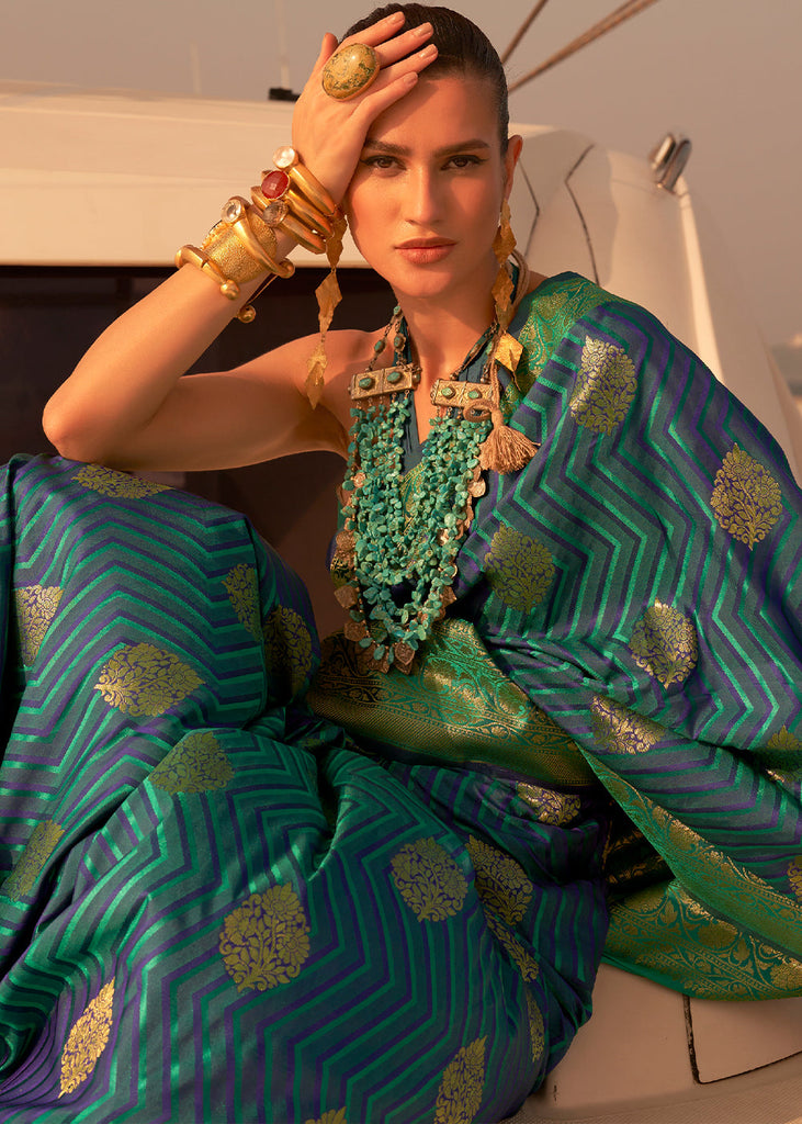 Blue & Green Two Tone Designer Satin Silk Saree Clothsvilla