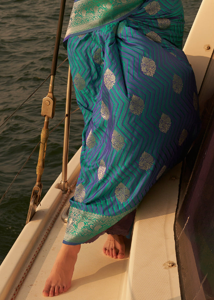 Blue & Green Two Tone Designer Satin Silk Saree Clothsvilla