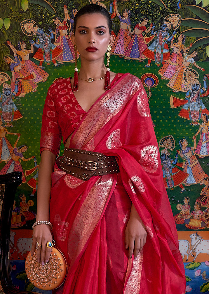 Ruby Red Handloom Woven Dual Tone Organza Silk Saree with Sequins Work Clothsvilla