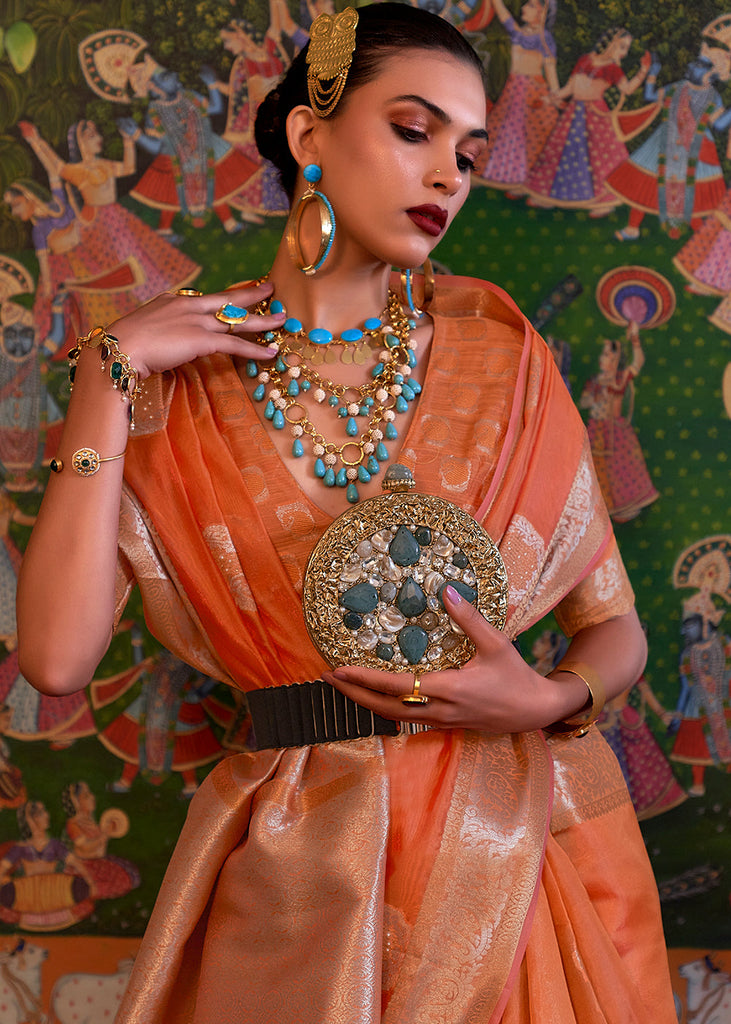Coral Orange Handloom Woven Dual Tone Organza Silk Saree with Sequins Work Clothsvilla