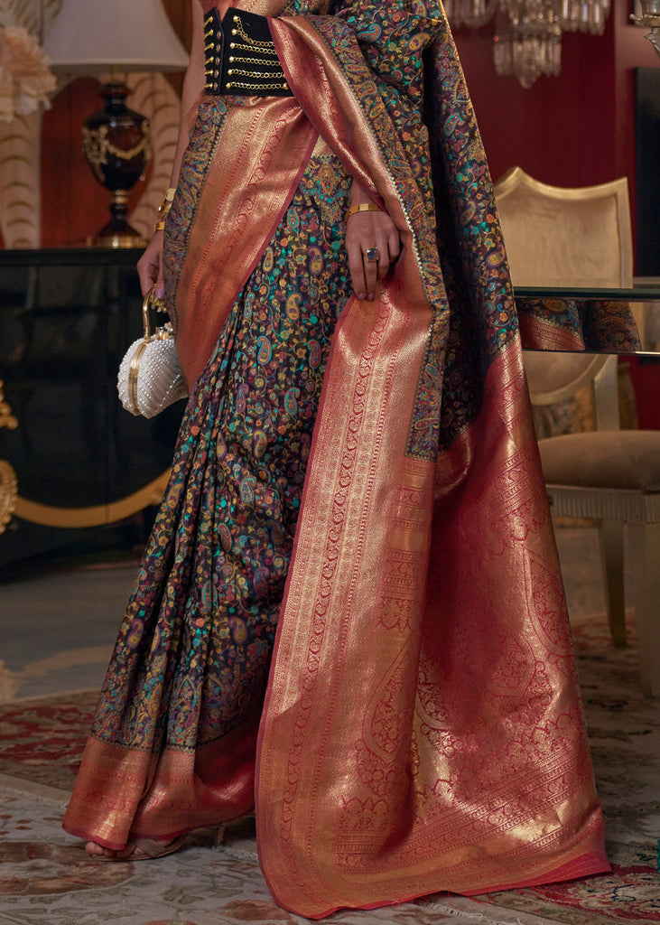 Midnight Black Kashmiri Jamawar Woven Silk Saree Clothsvilla