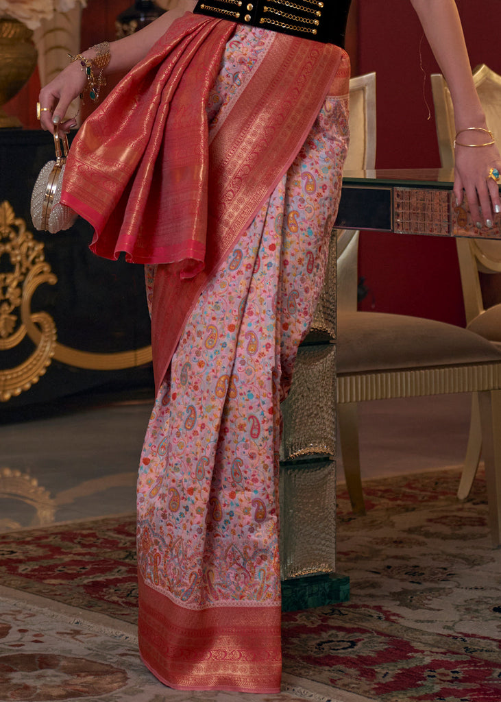 Light Pink Kashmiri Jamawar Woven Silk Saree Clothsvilla