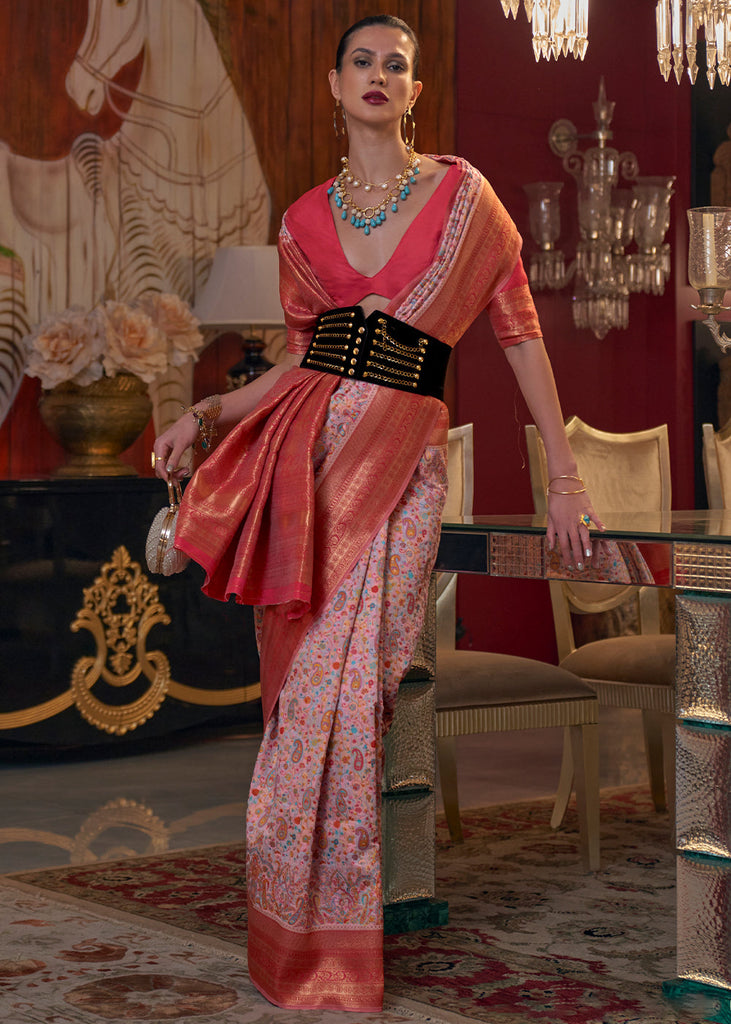 Light Pink Kashmiri Jamawar Woven Silk Saree Clothsvilla