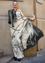 Parchment White Designer Satin Crepe Printed Saree Clothsvilla