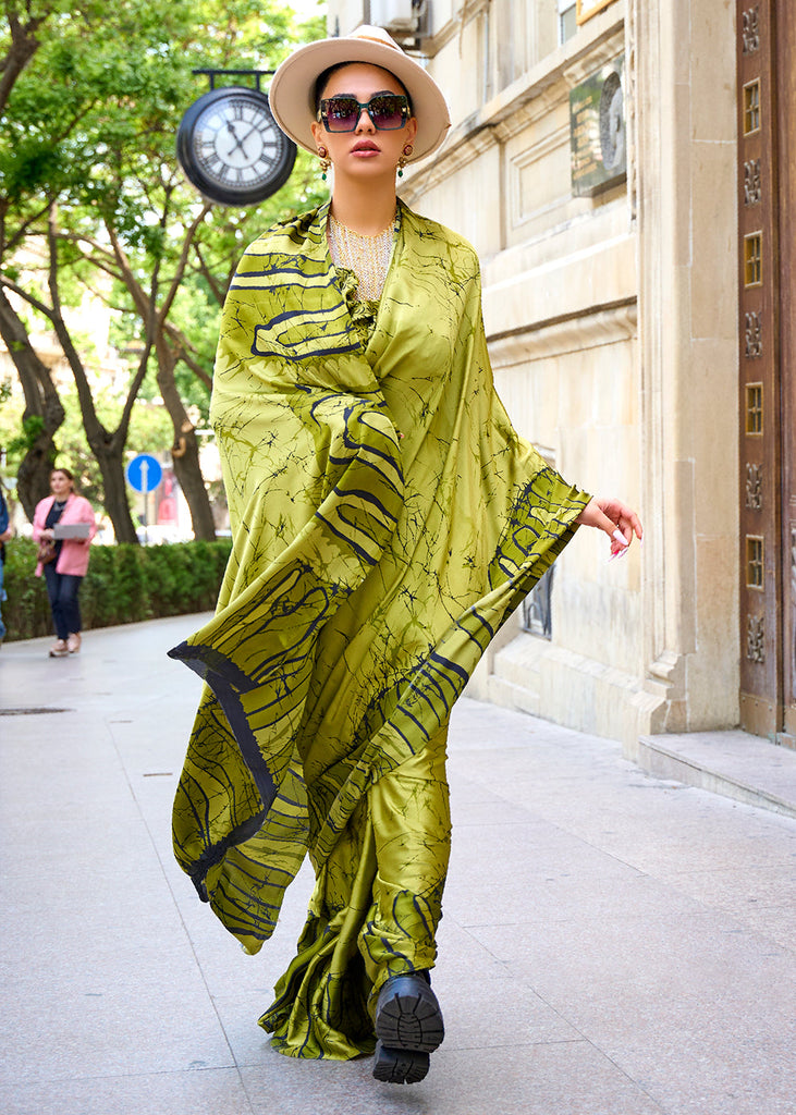 Avocado Green Designer Satin Crepe Printed Saree Clothsvilla