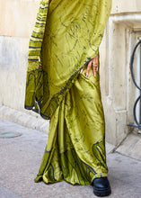 Load image into Gallery viewer, Avocado Green Designer Satin Crepe Printed Saree Clothsvilla