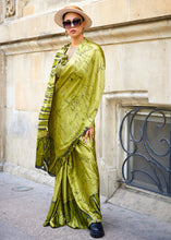 Load image into Gallery viewer, Avocado Green Designer Satin Crepe Printed Saree Clothsvilla