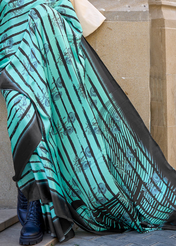 Tiffany Blue Designer Satin Crepe Printed Saree Clothsvilla
