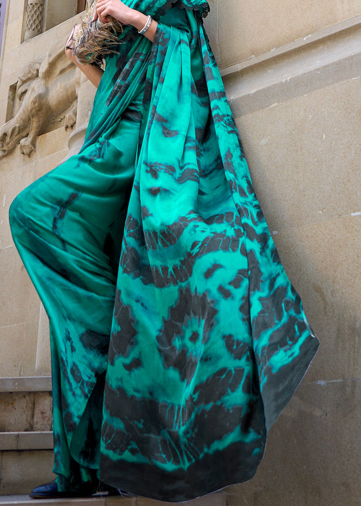 Dark Cyan Green Designer Satin Crepe Printed Saree Clothsvilla
