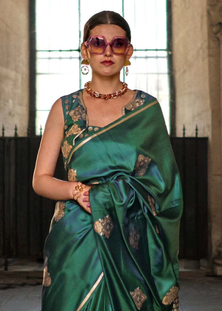 Dark Green Handloom Woven Satin Silk Saree Clothsvilla