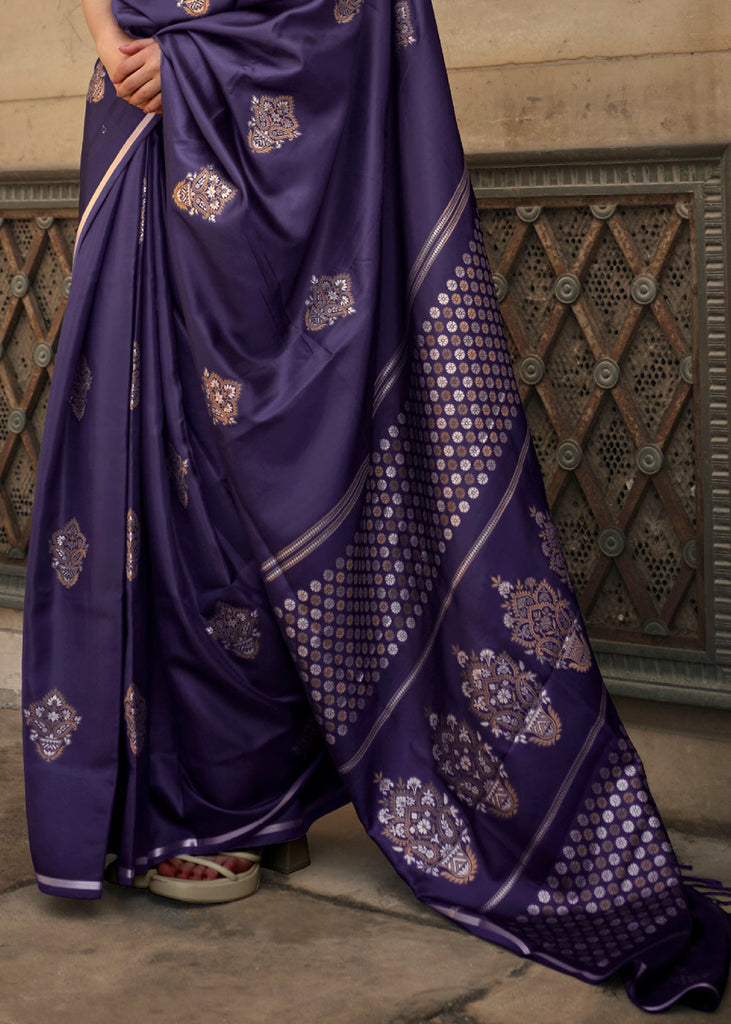 Denim Blue Handloom Woven Satin Silk Saree Clothsvilla