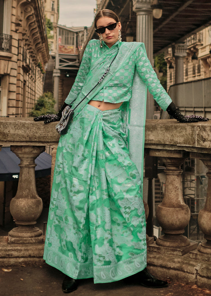 Seafoam Green Zari Handloom Woven Organza Silk Saree Clothsvilla