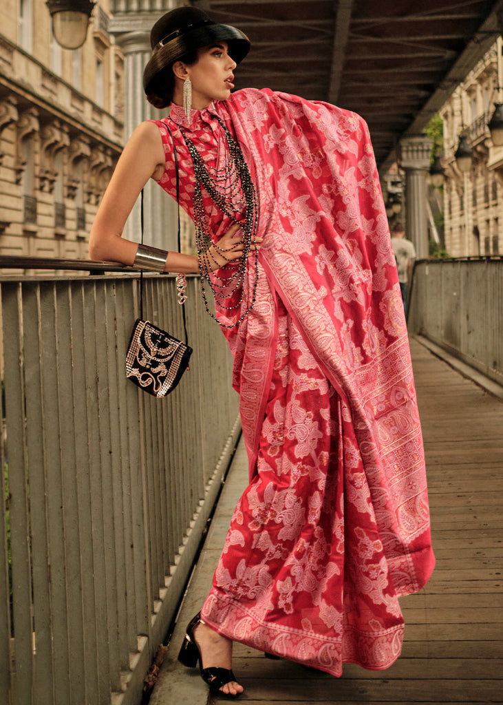 Ruby Pink Zari Handloom Woven Organza Silk Saree Clothsvilla