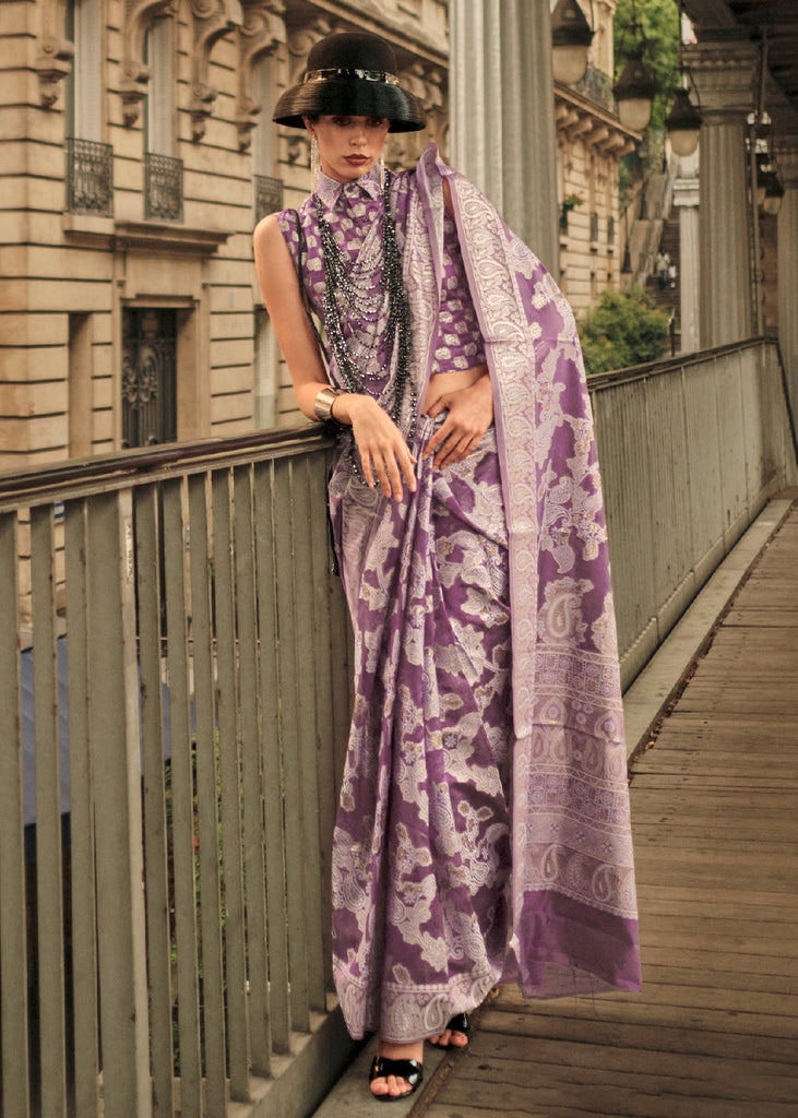 Midnight Purple Zari Handloom Woven Organza Silk Saree Clothsvilla