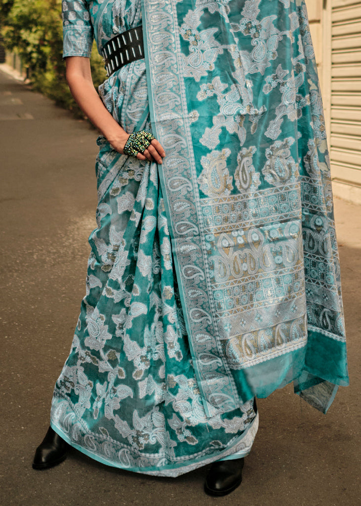 Shades Of Blue Zari Handloom Woven Organza Silk Saree Clothsvilla