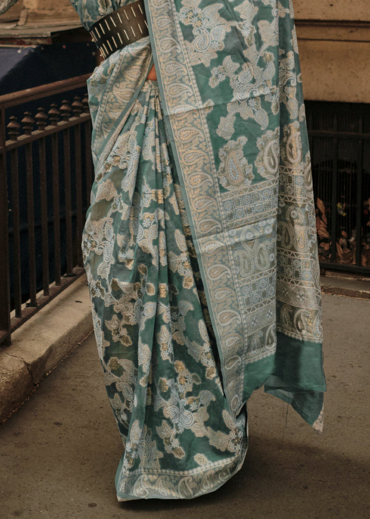 Viridian Green Zari Handloom Woven Organza Silk Saree Clothsvilla