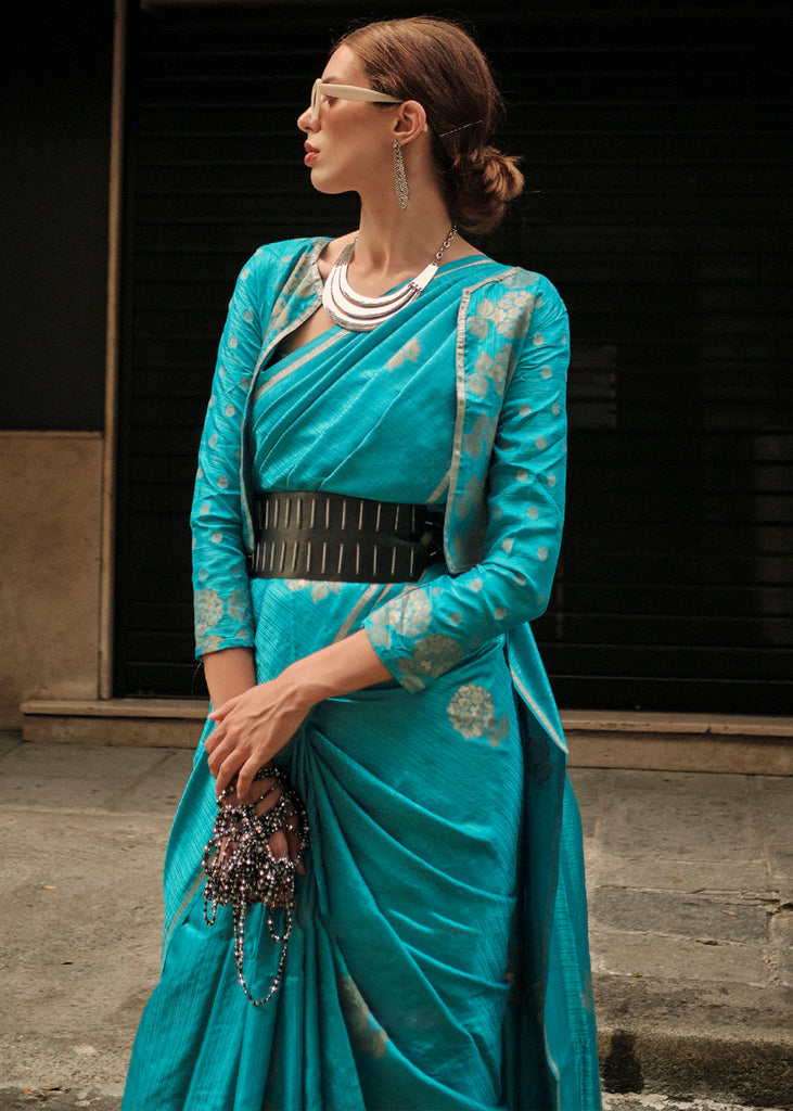 Cerulean Blue Zari Handloom Woven Satin Silk Saree Clothsvilla