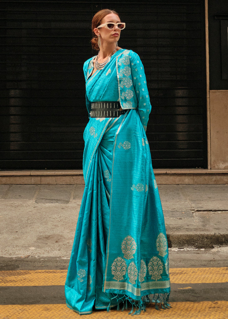 Cerulean Blue Zari Handloom Woven Satin Silk Saree Clothsvilla