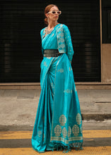Load image into Gallery viewer, Cerulean Blue Zari Handloom Woven Satin Silk Saree Clothsvilla