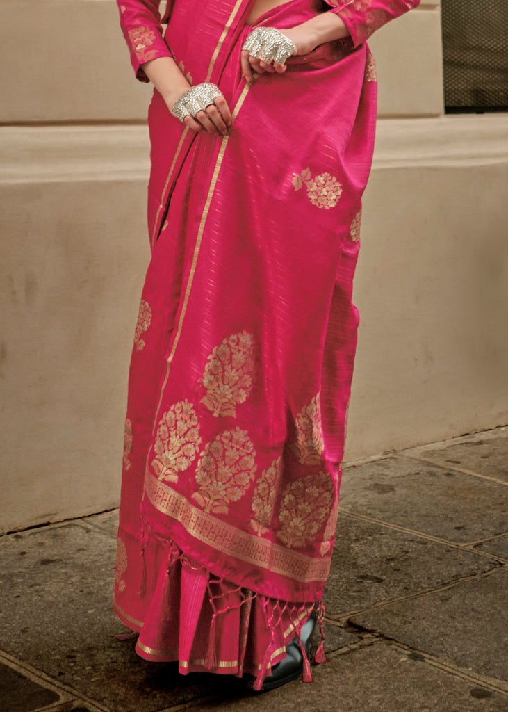 Cerise Pink Zari Handloom Woven Satin Silk Saree Clothsvilla