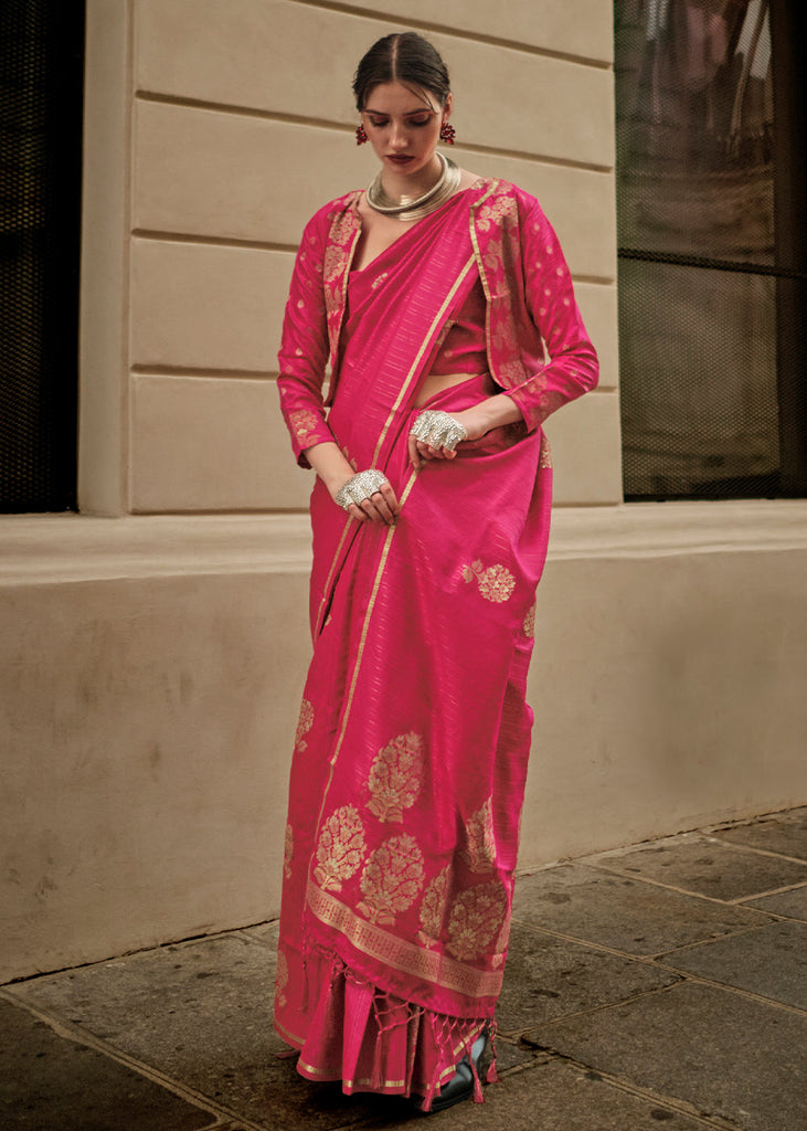 Cerise Pink Zari Handloom Woven Satin Silk Saree Clothsvilla