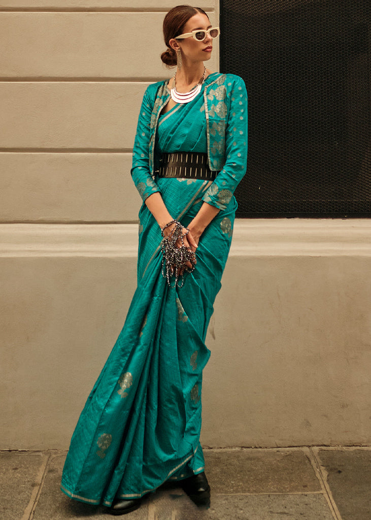 Dark Cyan Green Zari Handloom Woven Satin Silk Saree Clothsvilla