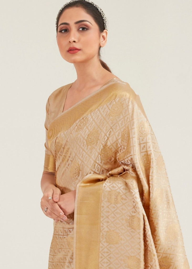 Beige Golden Zari Butta Woven Banasari Silk Saree Clothsvilla