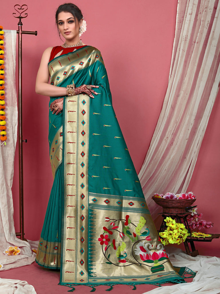 Muniya Paithani Silk Woven Saree Teal Blue Clothsvilla