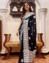 Load image into Gallery viewer, Black Georgette Saree with Beautiful Lucknowi Work and Silk Blouse for Wedding ClothsVilla