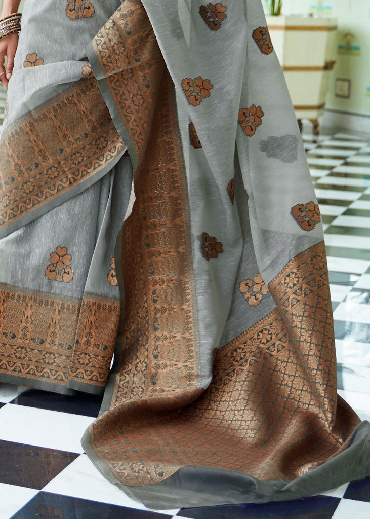 Smoke Grey Woven Linen Silk Saree with Butti overall Clothsvilla