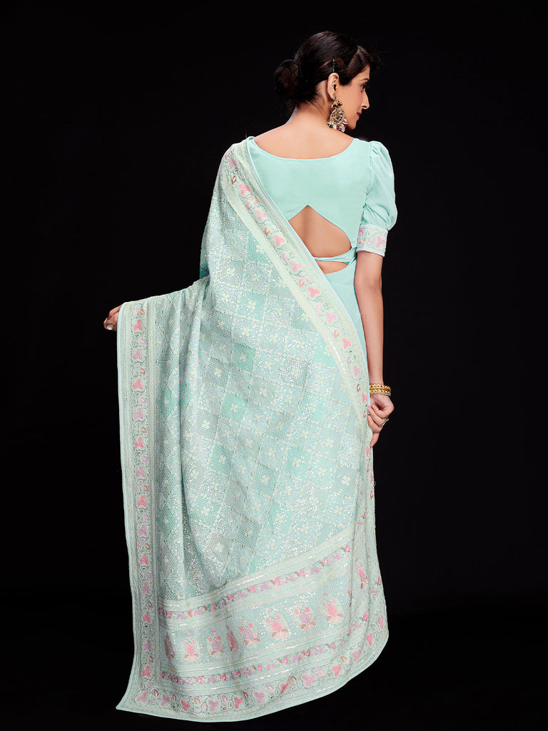 Light Blue Georgette Embellished Saree With Unstitched Blouse Clothsvilla