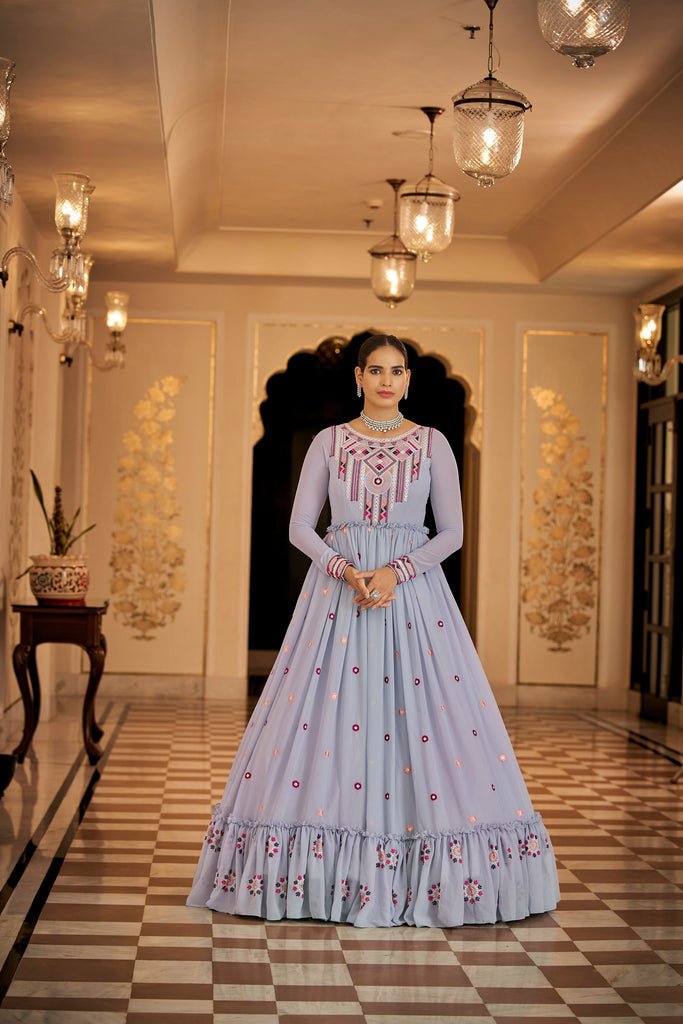 Party Wear Light Blue Color Thread & Sequins Embroidered Work Anarkali Gown Clothsvilla