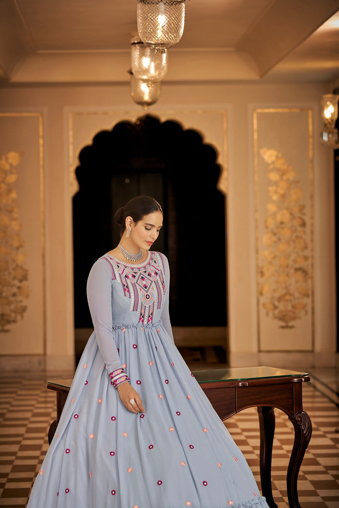 Party Wear Light Blue Color Thread & Sequins Embroidered Work Anarkali Gown Clothsvilla