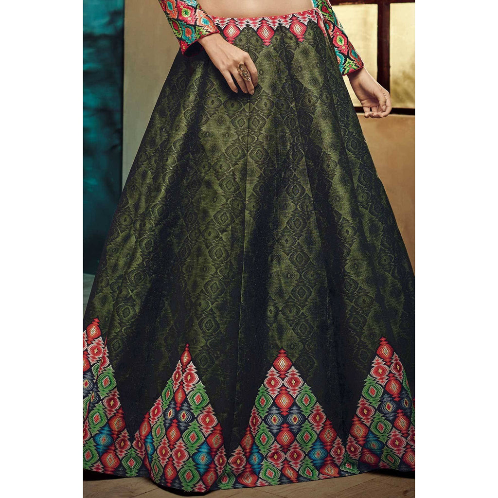 Olive Green Lehenga with Multicolor Blouse Partywear Silk ClothsVilla