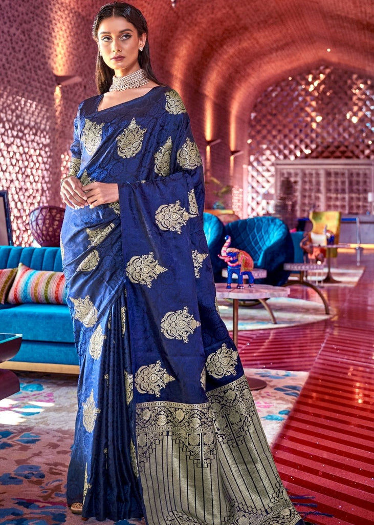 Berry Blue Satin Silk Saree with overall Golden Butti Clothsvilla