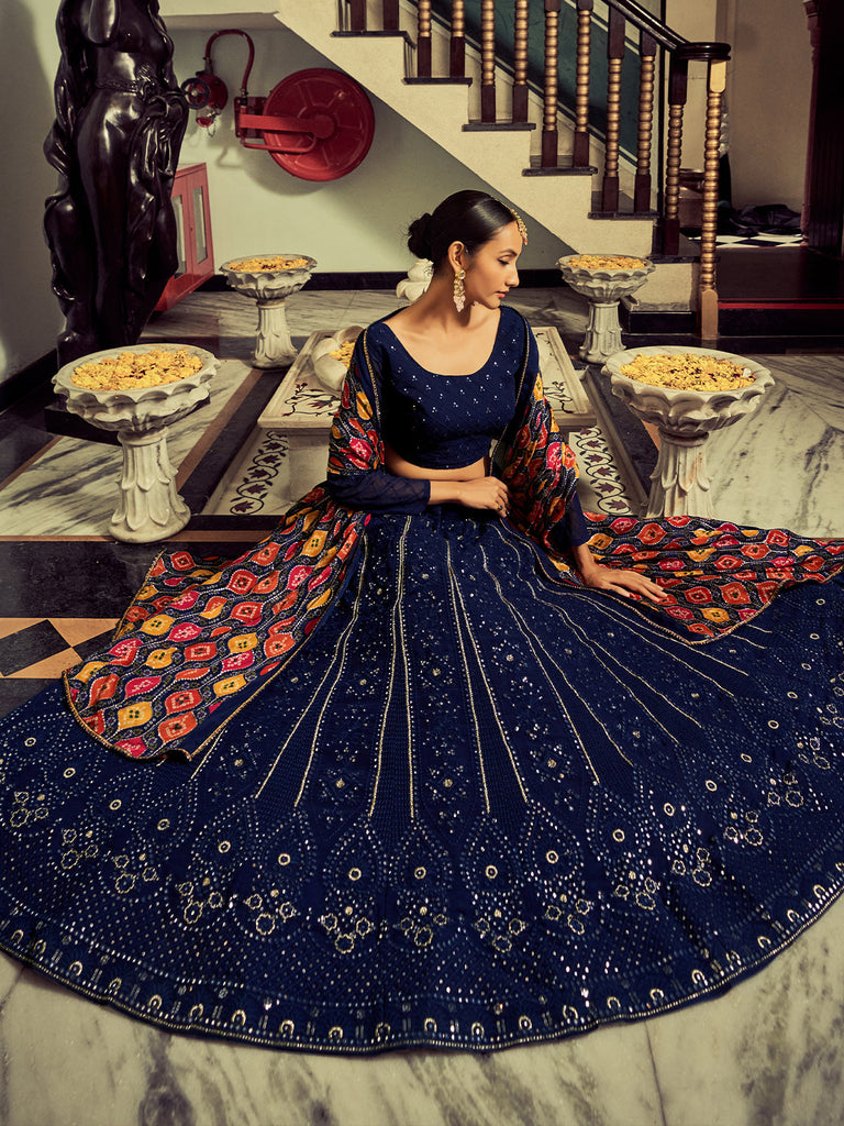 Beautiful Navy Blue Color Georgette Semi Stitched Lehenga With Blouse Piece Clothsvilla