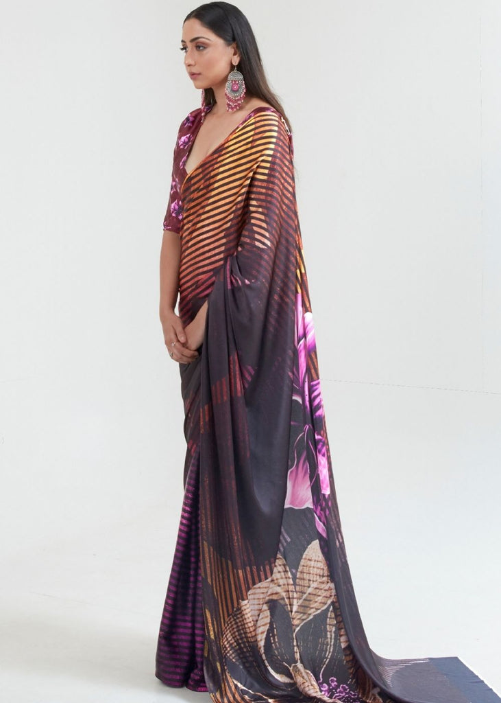 Umber Brown & Black Satin Silk Digital Printed Saree Clothsvilla
