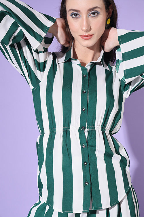 Green Stripe Shirt With Trouser Co-Ord Set ClothsVilla.com