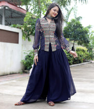 Load image into Gallery viewer, Navy Blue Sharara Suit Set with a Stylish Jacket Clothsvilla