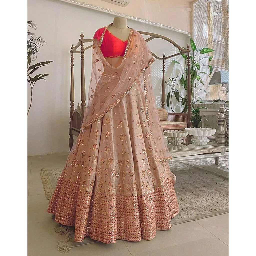 Beige Lehenga Choli with Embroidery and Mirror work for Wedding ClothsVilla