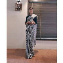 Load image into Gallery viewer, Black and White striped Ready to wear Georgette Saree ClothsVilla