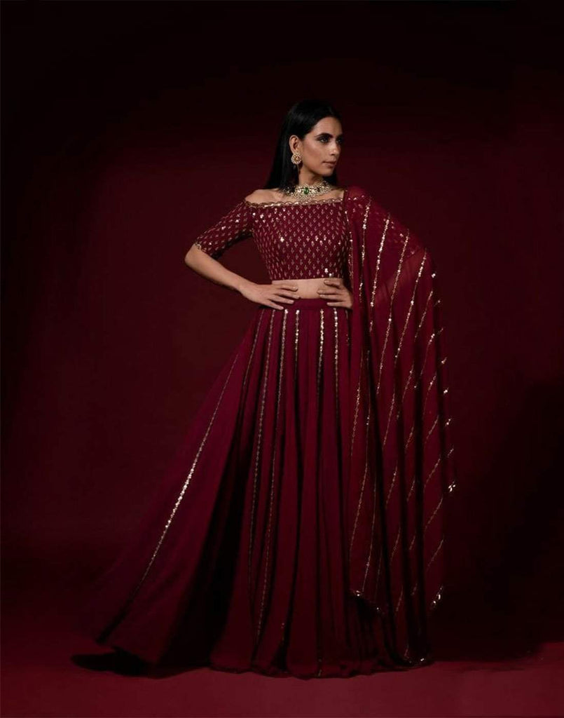 Lehenga Choli in Marron Color with Embroidery and Sequence Work ClothsVilla