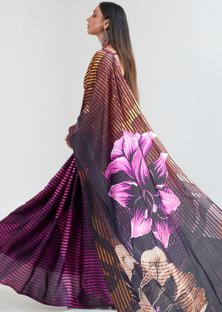 Umber Brown & Black Satin Silk Digital Printed Saree Clothsvilla