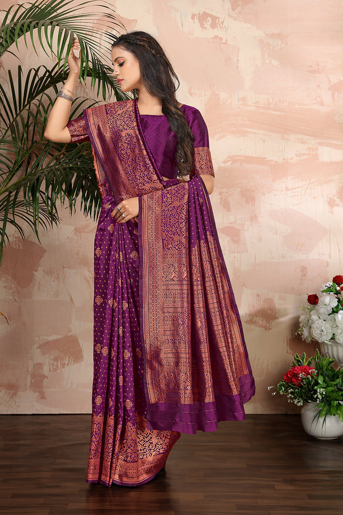 Purple woven banarasi silk traditional saree Clothsvilla