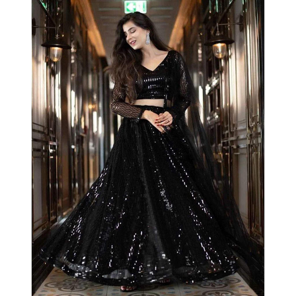 Black Lehenga Choli with Heavy Sequence Embroidery Work and Dupatta ClothsVilla