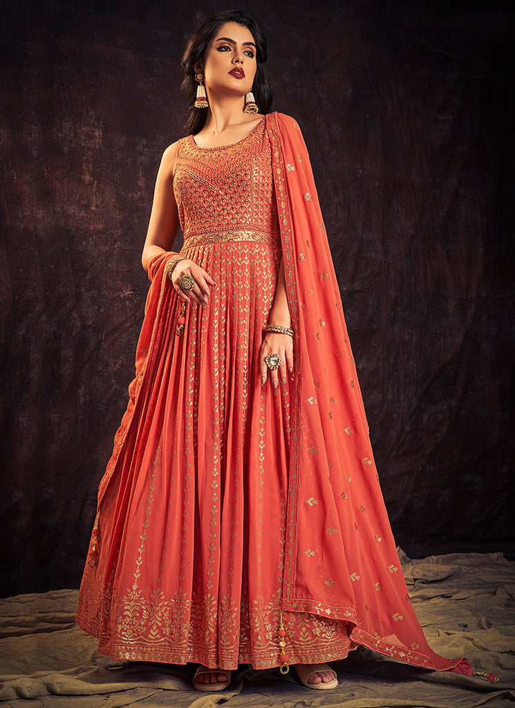 Orange Sequence And Mirror Work Embroidery Anarkali Gown Clothsvilla