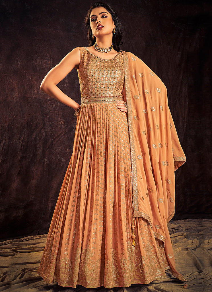 Pastel Orange Sequence And Mirror Work Embroidery Anarkali Gown Clothsvilla
